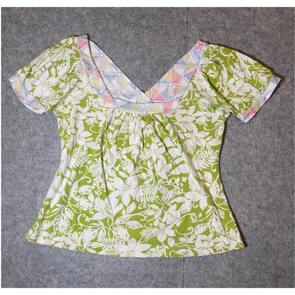 Izod Womens Green Floral V-Neck Short Sleeve Cotton Knit Blouse Top Size M